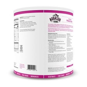 The back of an *Augason Farms Dehydrated Potato Slices #10 Can - 18 Servings - (SHIPS IN 1-2 WEEKS) with a pink label on it.