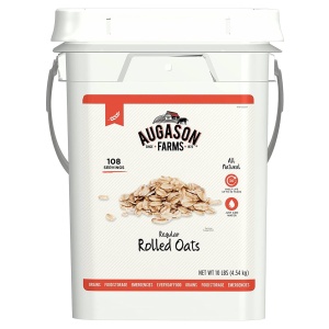 A 10lb pail of rolled oats on a white background.