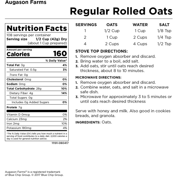 Augason Farms Oats Regular 10lb 4g Pail - A nutrition label for regular rolled oats with 107 servings.