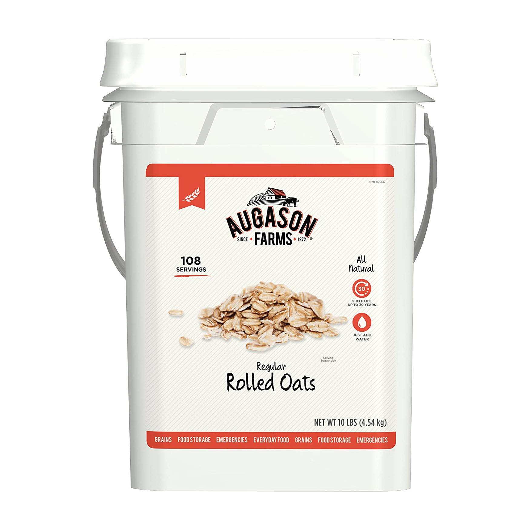 A 10lb pail of rolled oats on a white background.