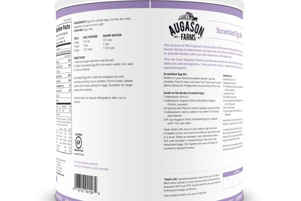 The back of a Augason Farms Scrambled Egg Mix 36oz #10 Can Gluten-Free #10 Can - 46 Servings - (SHIPS IN 1-2 WEEKS) with a purple label on it.