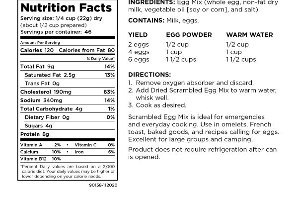 Augason Farms Scrambled Egg Mix 36oz #10 Can Gluten-Free #10 Can - 46 Servings - (SHIPS IN 1-2 WEEKS) nutrition facts.