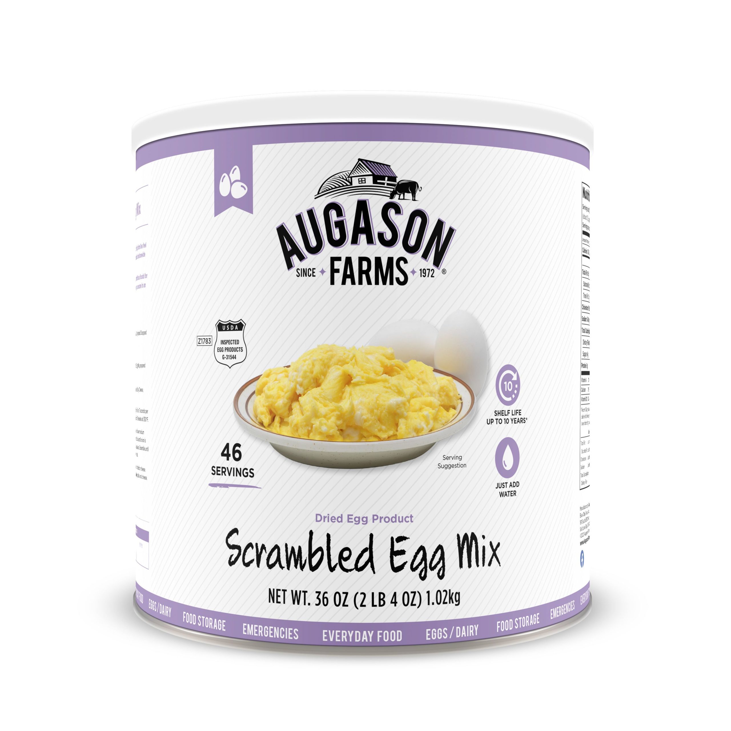 The sentence: *Augason Farms Scrambled Egg Mix 36oz #10 Can Gluten-Free #10 Can - 46 Servings - (SHIPS IN 1-2 WEEKS).