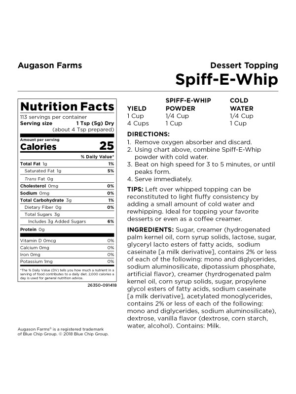 A label for the Augason Farms Gluten-Free Spiff-E-Whip - (SHIPS IN 1-2 WEEKS) that is labeled as a split-e-wip.