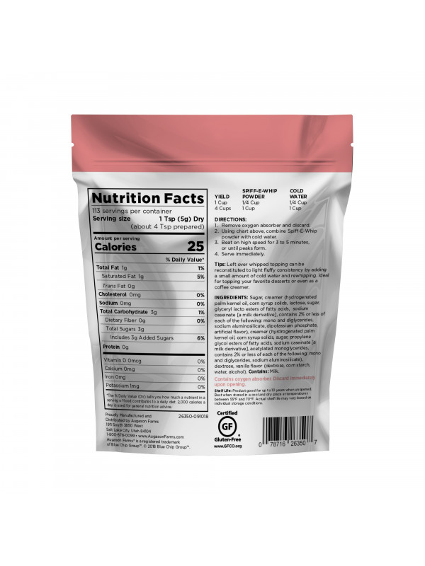 The nutrition facts label for a bag of Augason Farms Gluten-Free Spiff-E-Whip - (SHIPS IN 1-2 WEEKS).