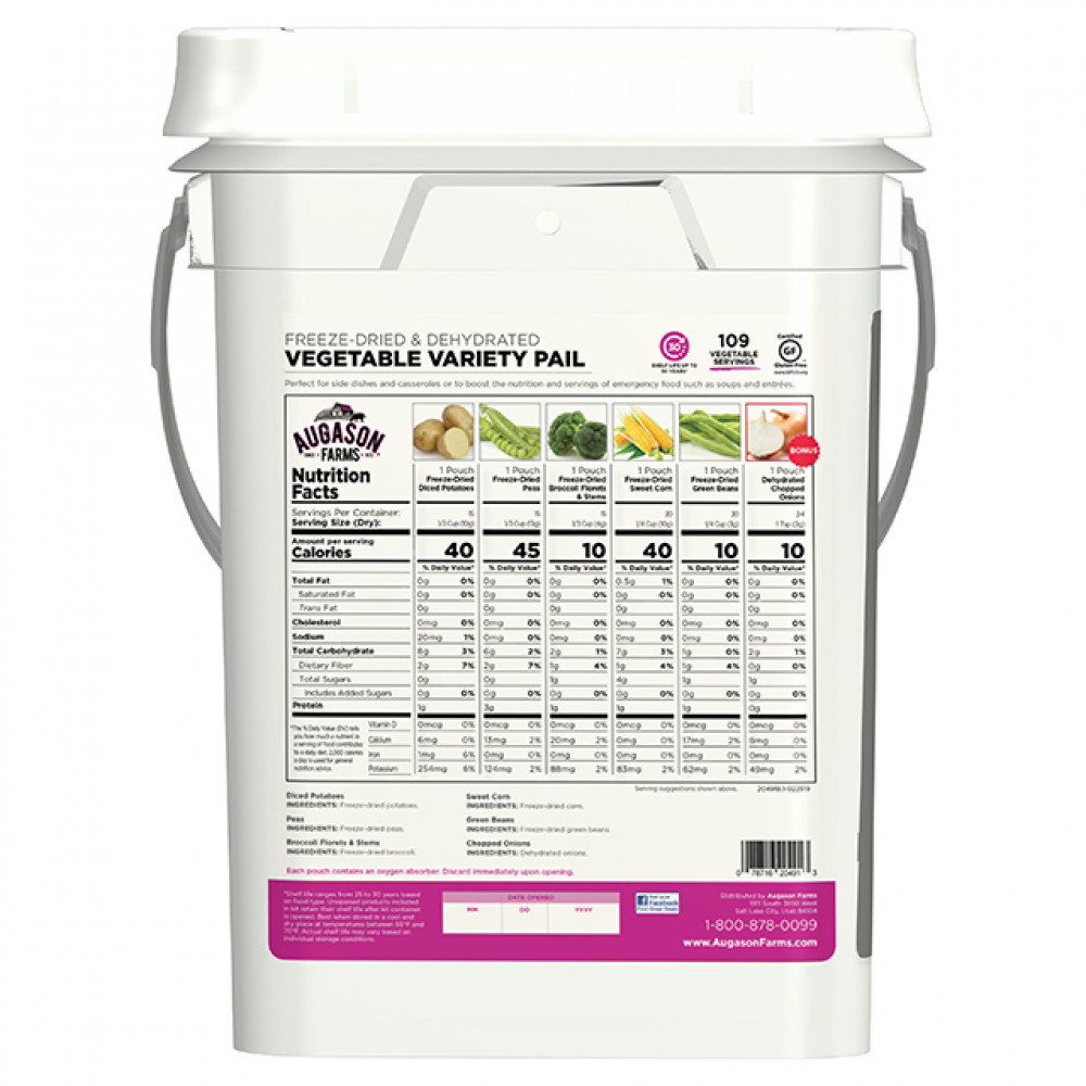 A "Augason Farms Freeze-Dried Vegetable Variety Pail - 109 Servings - (SHIPS IN 1-2 WEEKS)" with a variety of vegetables in it.