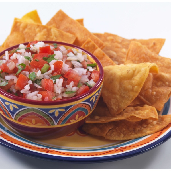 A Augason Farms Freeze-Dried Vegetable Variety Pail - 109 Servings - (SHIPS IN 1-2 WEEKS) of salsa and tortilla chips on a plate.