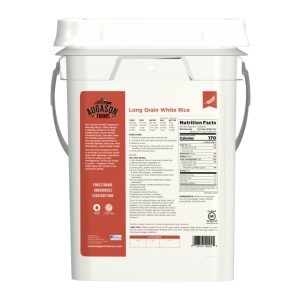 A white Augason Farms White Rice 24lb 4 Gallon Pail - 231 Servings - (SHIPS IN 1-2 WEEKS) with a white label on it.