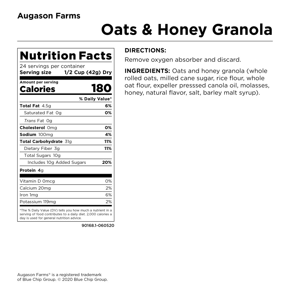 Augason Farms Oats and Honey Granola 24 Servings #10 Can - (SHIPS IN 1-2 WEEKS) nutrition label.