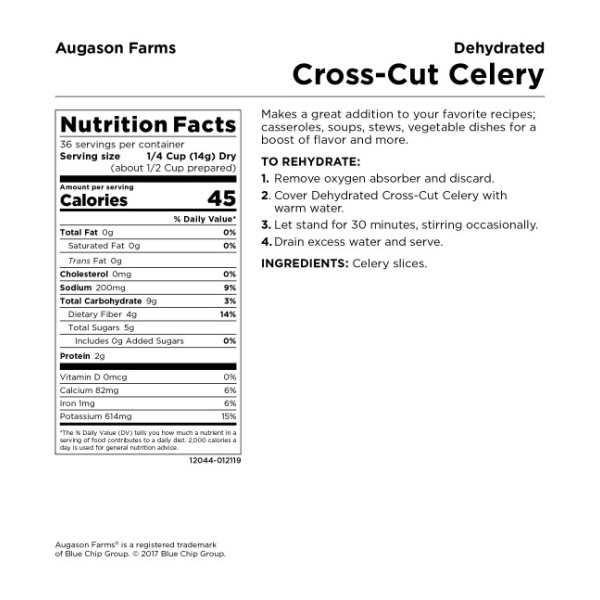 A nutrition label for *Augason Farms Dehydrated Cross Cut Celery 18oz #10 Can - 36 Servings - (SHIPS IN 1-2 WEEKS).