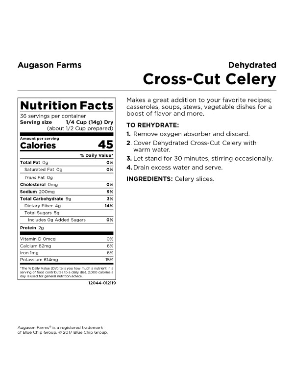 A nutrition label for *Augason Farms Dehydrated Cross Cut Celery 18oz #10 Can - 36 Servings - (SHIPS IN 1-2 WEEKS).