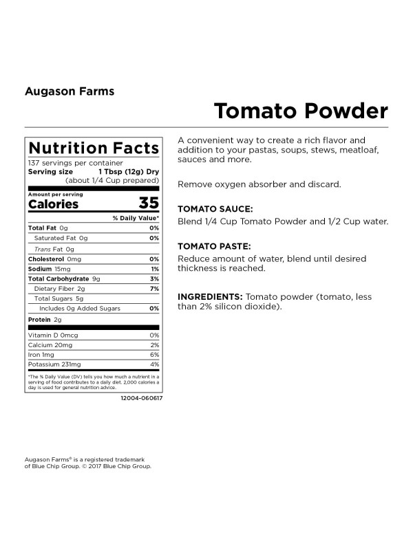 A nutrition label for Augason Farms Tomato Powder 58oz #10 Can - 137 Servings - (SHIPS IN 1-2 WEEKS).