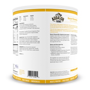 The back of a can of Augason Farms Bacon Flavored Bits Vegetarian Meat Substitute TVP 192 Servings #10 Can - (SHIPS IN 1-2 WEEKS).
