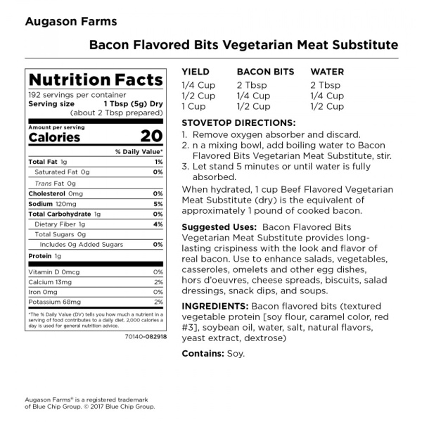 Augason Farms Bacon Flavored Bits Vegetarian Meat Substitute TVP 192 Servings #10 Can - (SHIPS IN 1-2 WEEKS) nutrition label.