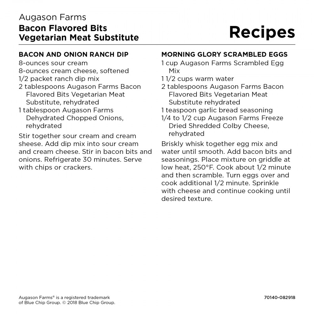 A recipe for Augason Farms Bacon Flavored Bits Vegetarian Meat Substitute TVP 192 Servings #10 Can - (SHIPS IN 1-2 WEEKS).
