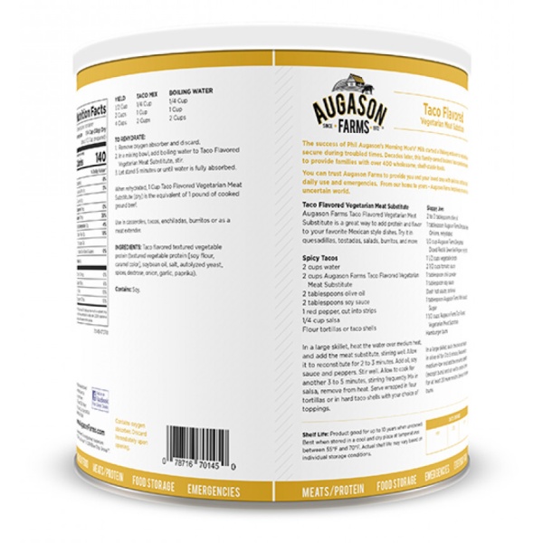 The back of a can of Augason Farms Taco Flavored Vegetarian Meat Substitute TVP 30 Servings - (SHIPS IN 1-2 WEEKS).
