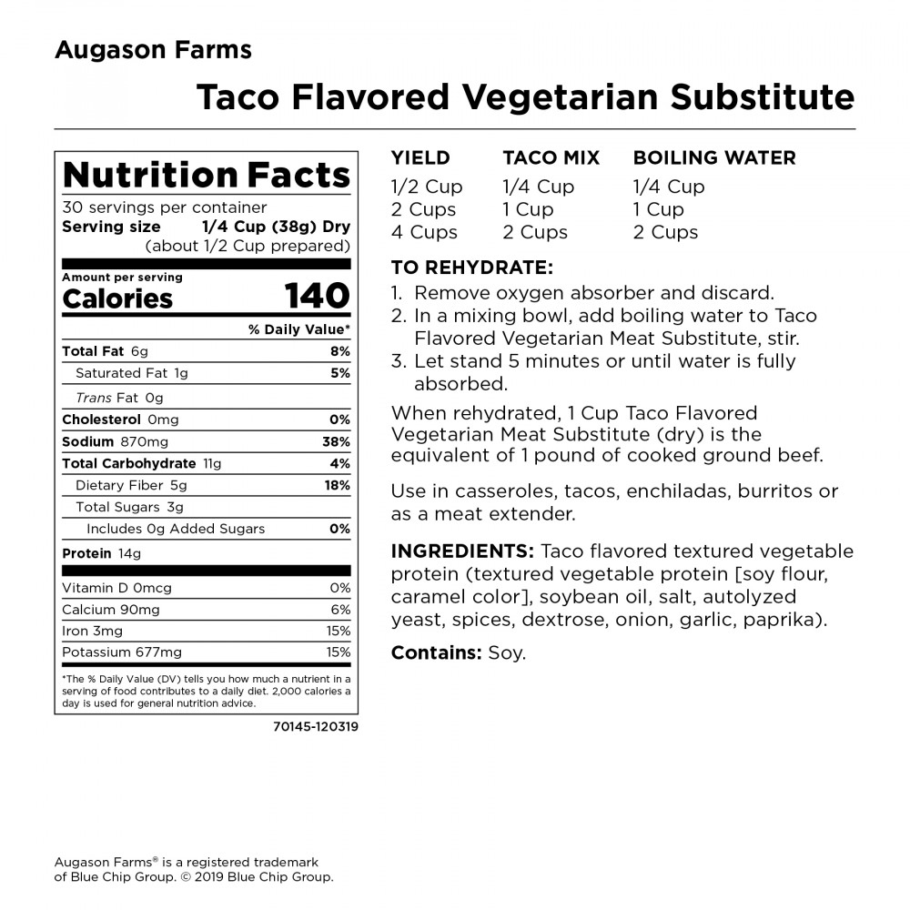 A label for Augason Farms Taco Flavored Vegetarian Meat Substitute TVP 30 Servings - (SHIPS IN 1-2 WEEKS).