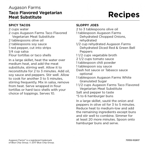 A recipe for Augason Farms Taco Flavored Vegetarian Meat Substitute TVP 30 Servings - (SHIPS IN 1-2 WEEKS) dish.