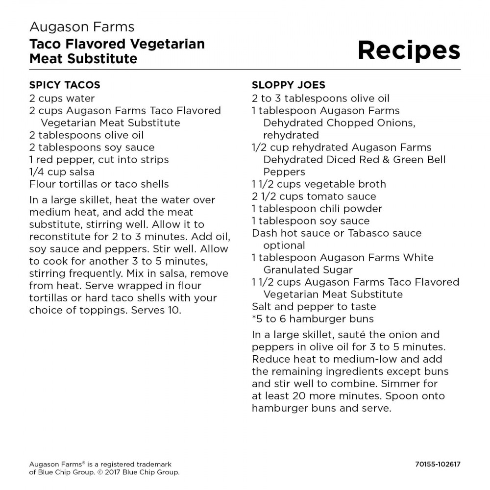 A recipe for Augason Farms Taco Flavored Vegetarian Meat Substitute TVP 30 Servings - (SHIPS IN 1-2 WEEKS) dish.