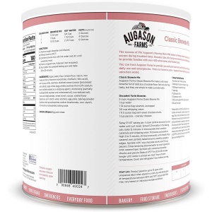 The back of a can of Augason Farms Fudge Brownie Mix 62oz #10 Can - (SHIPS IN 1-2 WEEKS).