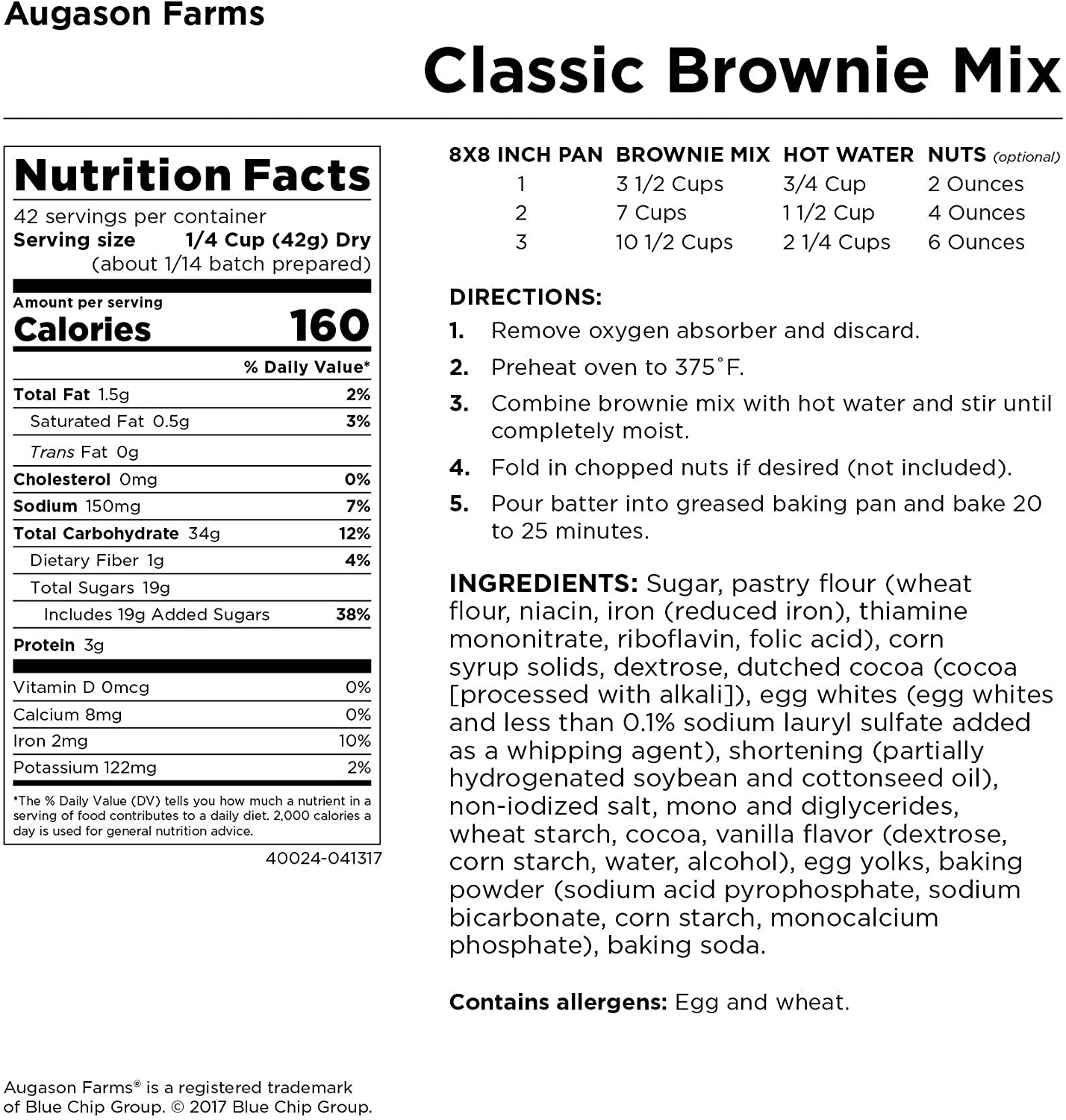The nutrition label for the Augason Farms Fudge Brownie Mix 62oz #10 Can - (SHIPS IN 1-2 WEEKS).