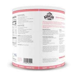 The back of a *Augason Farms Buttermilk Pancake Mix 52oz #10 Can - 21 Servings - (SHIPS IN 1-2 WEEKS) with a pink label on it.