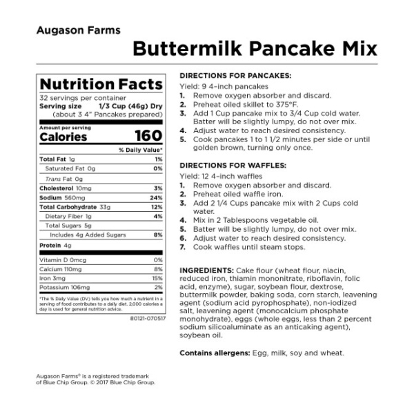 The nutrition label for Augason Farms Buttermilk Pancake Mix 52oz #10 Can - 21 Servings - (SHIPS IN 1-2 WEEKS).