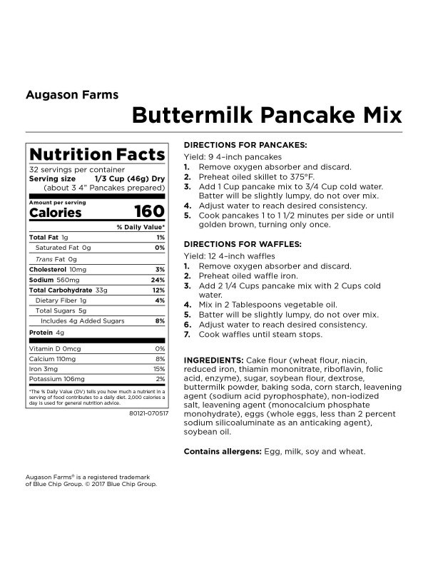 The nutrition label for Augason Farms Buttermilk Pancake Mix 52oz #10 Can - 21 Servings - (SHIPS IN 1-2 WEEKS).