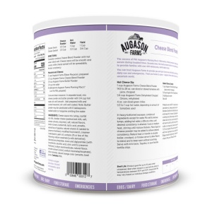 The back of an Augason Farms Cheese Powder 43 Servings - (SHIPS IN 1-2 WEEKS) container with a purple label on it.
