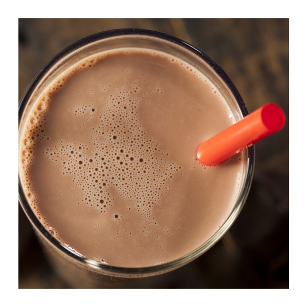 A glass of *Augason Farms Chocolate Morning Moo's Low Fat Milk - 57 Servings - (SHIPS IN 1-2 WEEKS) with an orange straw.