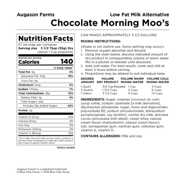 *Augason Farms Chocolate Morning Moo's Low Fat Milk - 57 Servings - (SHIPS IN 1-2 WEEKS) morning moo's nutrition label.