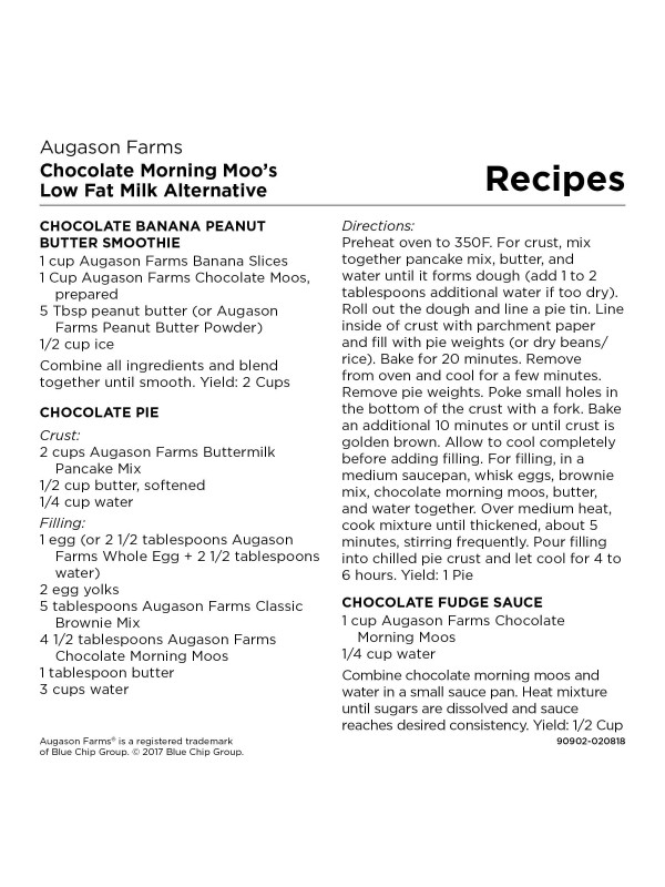 Audrey Augason Farms Chocolate Morning Moo's Low Fat Milk recipe card.