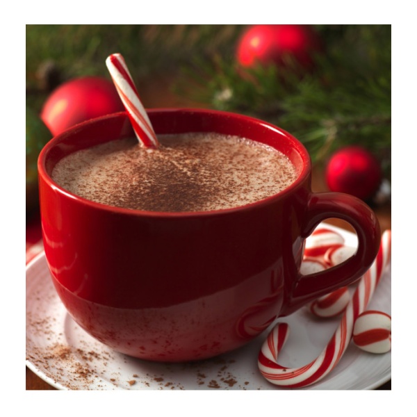 Hot Augason Farms Chocolate Morning Moo's Low Fat Milk with candy canes in a red cup.