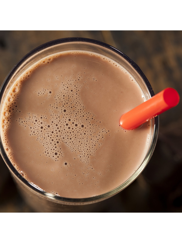A glass of *Augason Farms Chocolate Morning Moo's Low Fat Milk - 57 Servings - (SHIPS IN 1-2 WEEKS) with an orange straw.