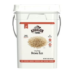 An Augason Farms Brown Rice 24lb 4 Gallon Pail - 262 Servings - (SHIPS IN 1-2 WEEKS) on a white background.