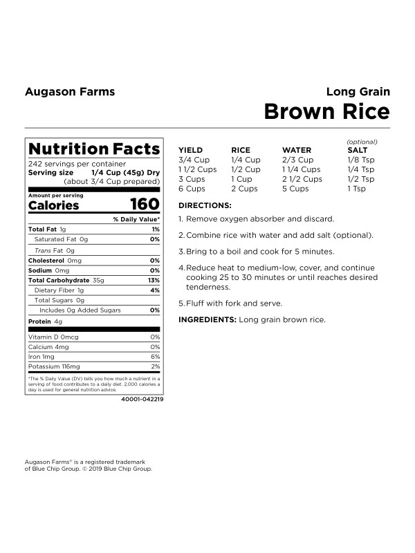 The nutrition label for Augason Farms Brown Rice 24lb 4 Gallon Pail - 262 Servings - (SHIPS IN 1-2 WEEKS).