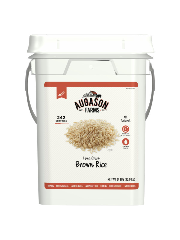 An Augason Farms Brown Rice 24lb 4 Gallon Pail - 262 Servings - (SHIPS IN 1-2 WEEKS) on a white background.