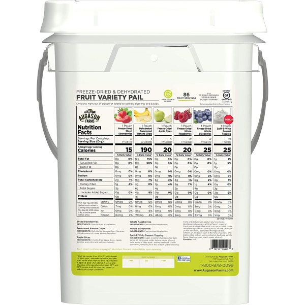 A white Augason Farms Freeze-Dried Fruit Variety Pail - 86 Fruit Servings and 113 Spiff-e-Whip Servings - (SHIPS IN 1-2 WEEKS) with a variety of fruits and vegetables.