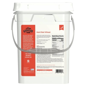 A white Augason Farms Hard Red Wheat 26lb 4 Gallon Pail with a lid on it.