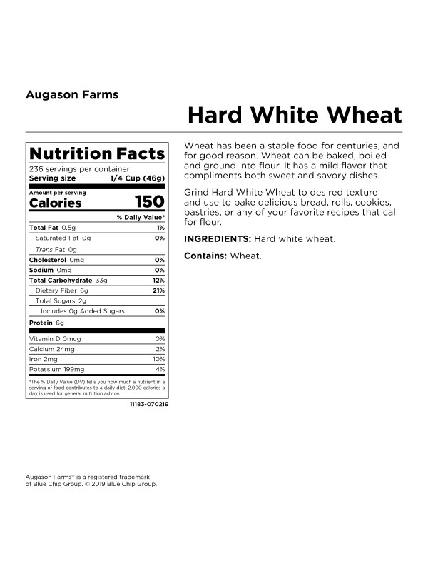A nutrition label for Augason Farms Hard White Wheat 26lb 4 Gallon Pail - 236 Servings - (SHIPS IN 1-2 WEEKS).