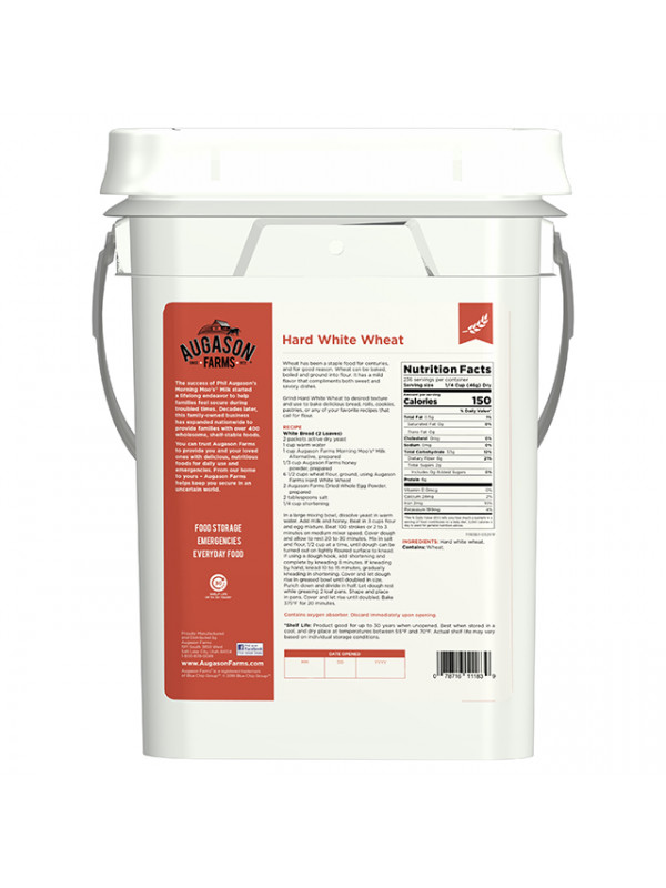 A white Augason Farms Hard White Wheat 26lb 4 Gallon Pail - 236 Servings - (SHIPS IN 1-2 WEEKS) with a white label on it.