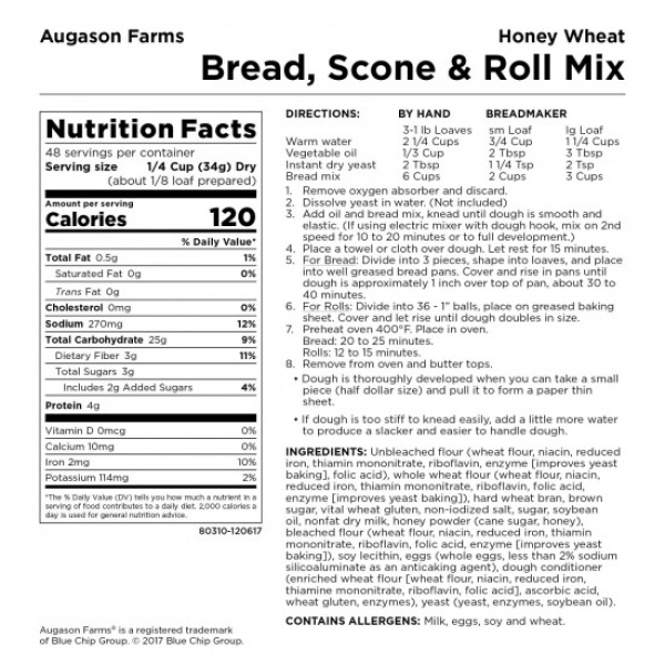 A nutrition label for Augason Farms Honey Wheat Bread 58oz #10 Can - (SHIPS IN 1-2 WEEKS), scone and roll mix.