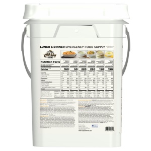 A Augason Farms Emergency Food Supply Lunch and Dinner Pail - 92 Servings - (SHIPS IN 1-2 WEEKS) with a white label on it.