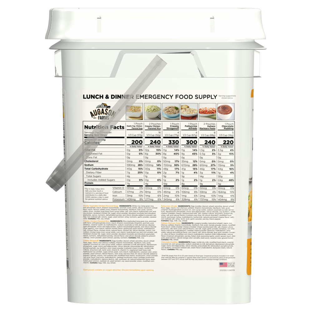 A Augason Farms Emergency Food Supply Lunch and Dinner Pail - 92 Servings - (SHIPS IN 1-2 WEEKS) with a white label on it.