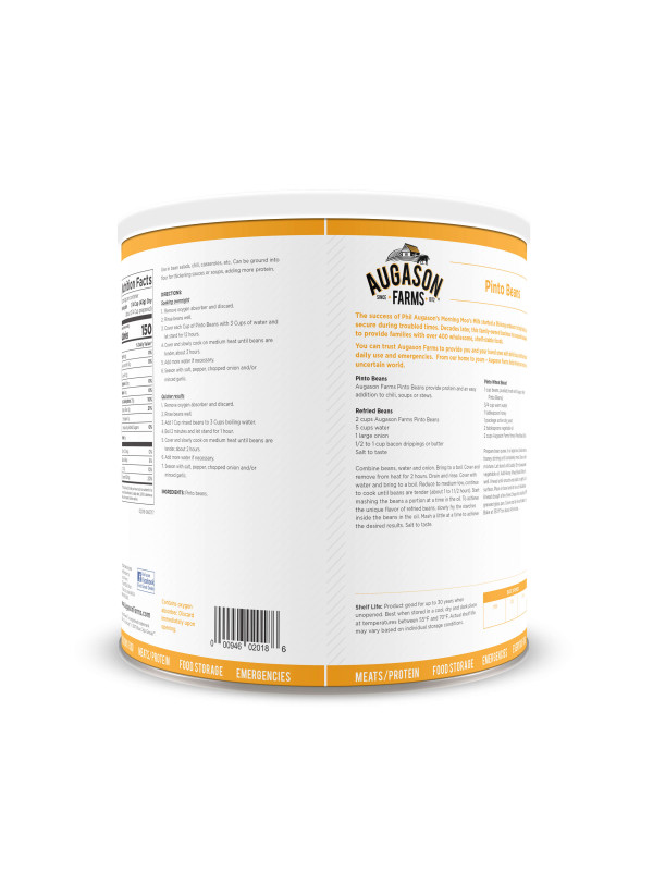 The back of a Augason Farms Pinto Beans 80oz #10 Can - (SHIPS IN 1-2 WEEKS) with orange and white on it.