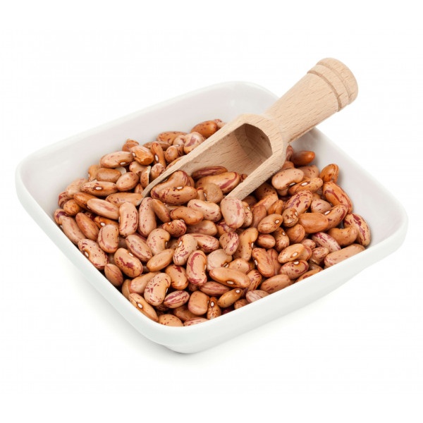 Augason Farms Pinto Beans 80oz #10 Can - (SHIPS IN 1-2 WEEKS) in a white dish with a wooden spoon.