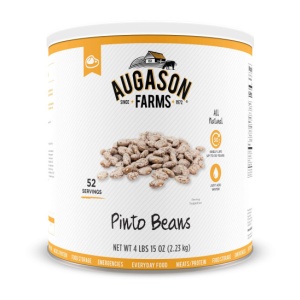 A can of Augason Farms Pinto Beans 80oz #10 Can - (SHIPS IN 1-2 WEEKS) brews on a white background.