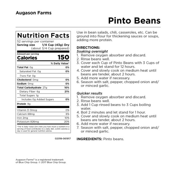 A nutrition label for Augason Farms Pinto Beans 80oz #10 Can - (SHIPS IN 1-2 WEEKS).