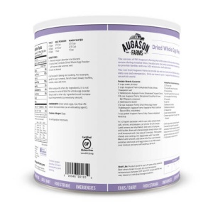 The back of an Augason Farms Whole Eggs Powder 33oz #10 Can - 72 Servings - (SHIPS IN 1-2 WEEKS) with a purple label on it.