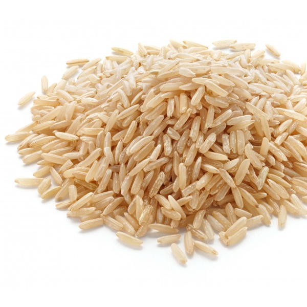 A pile of Augason Farms Brown Rice 24lb 4 Gallon Pail - 262 Servings - (SHIPS IN 1-2 WEEKS) on a white background.